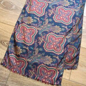 Talbots Paisley Silk Scarf Navy Blue Burgundy Long Retangle Fringed